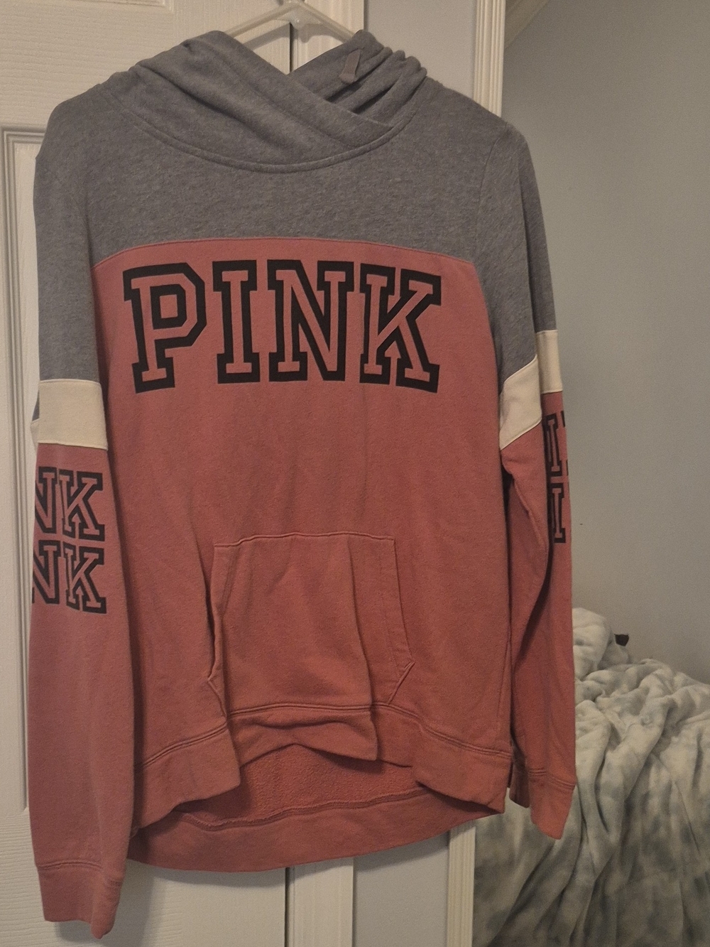 Victoria's Secret PINK Colorblock Hoodie in Dusty Rose and Heather Gray
